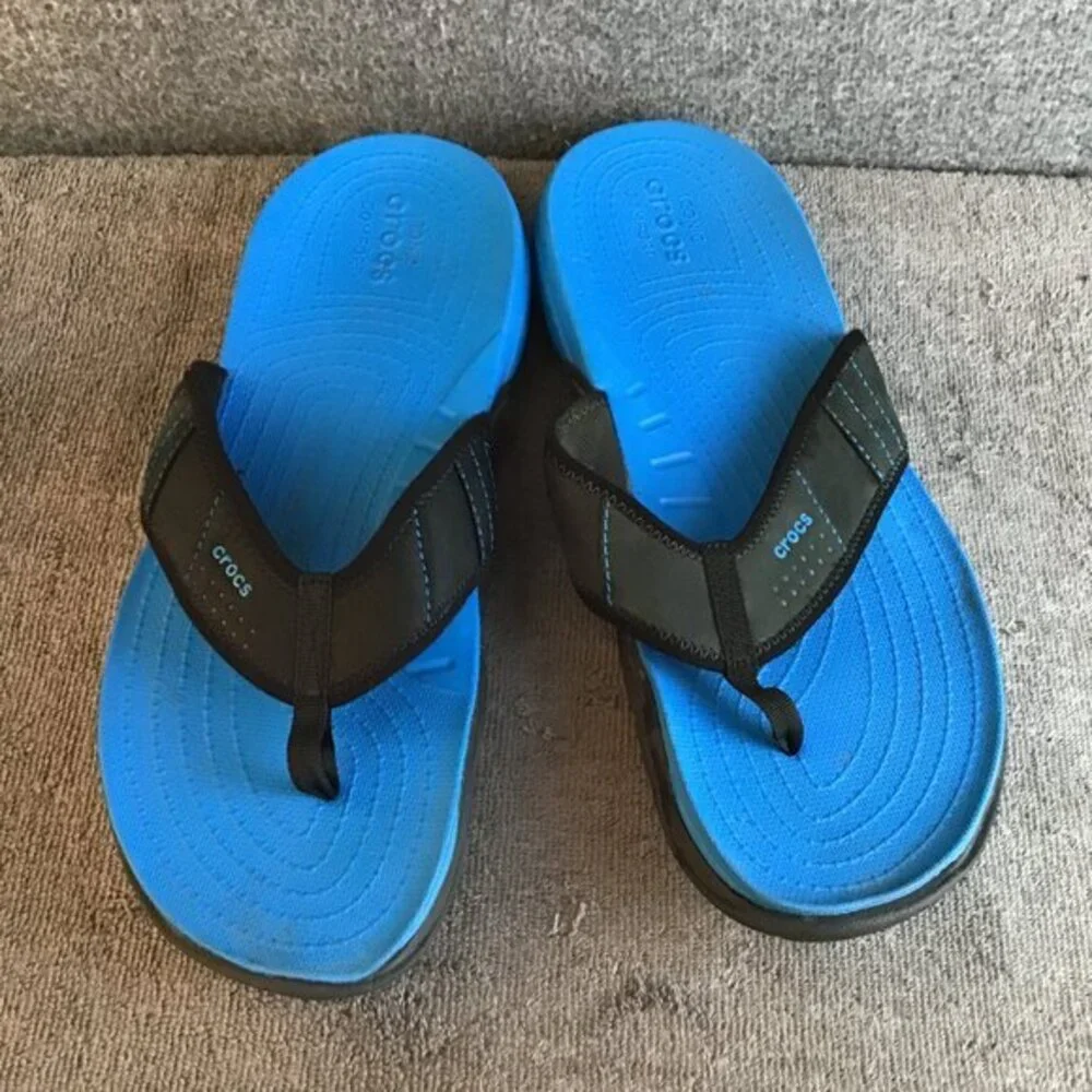 Crocs Swiftwater Blue Black Leather Comfort Sandals Flip Flops Sz 12 EUC‎